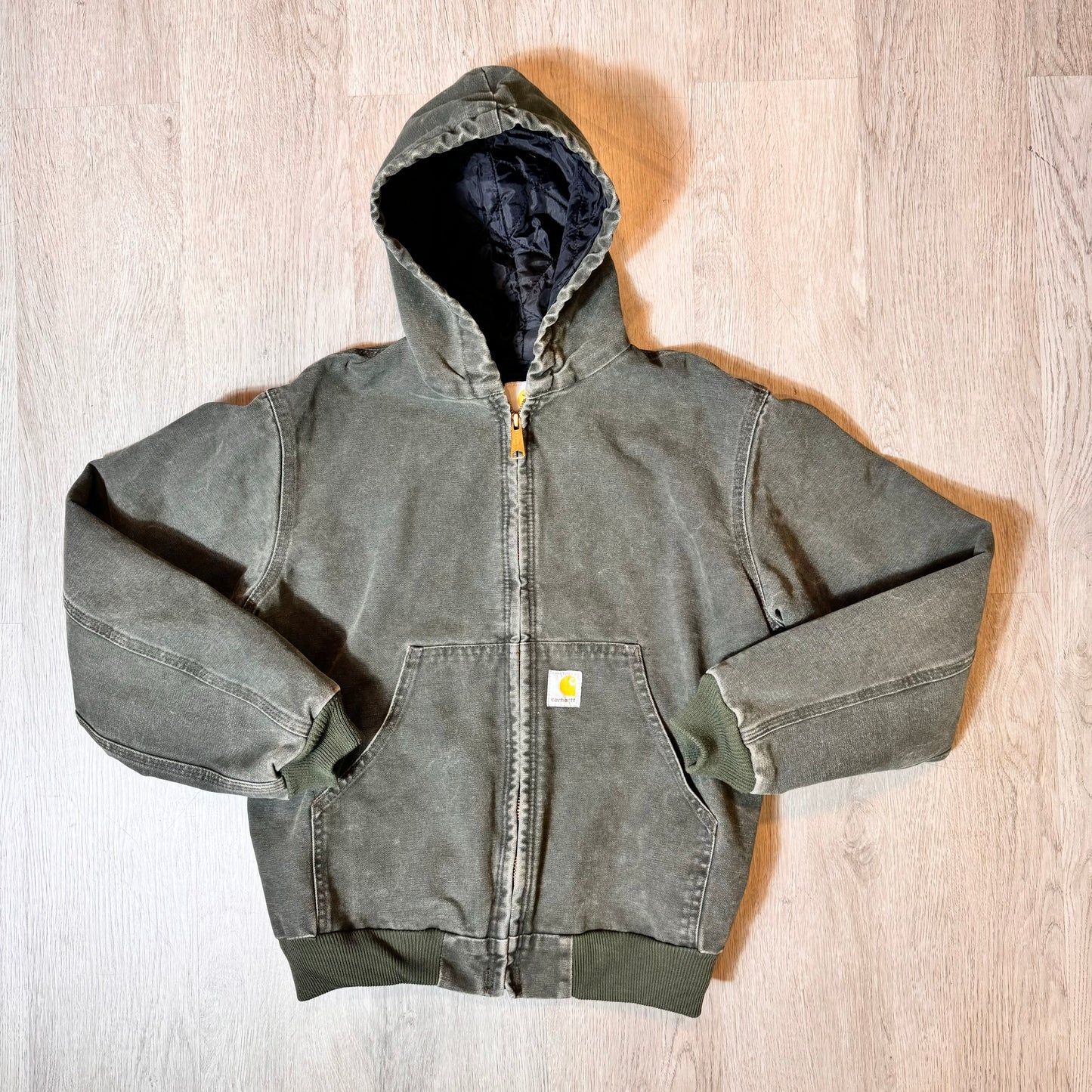 Boys Carhartt Green Y06MOS Coat Hooded Full Zip Bomber Jacket Size Small S