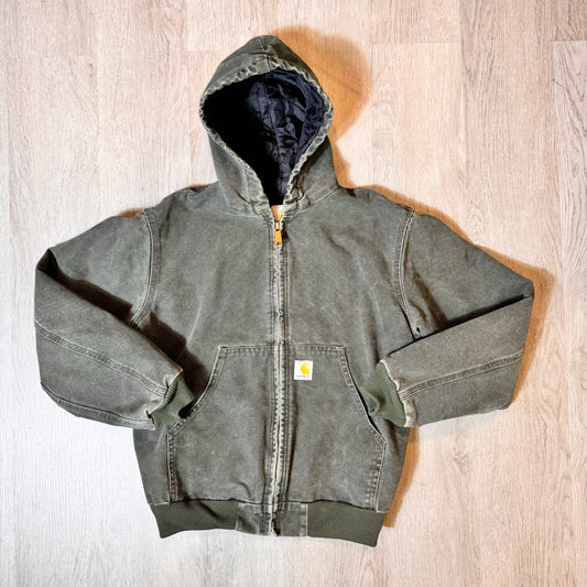 Boys Carhartt Green Y06MOS Coat Hooded Full Zip Bomber Jacket Size Small S